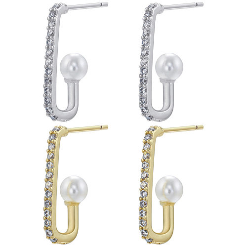 1 Paar modische geometrische Kupfer-Inlay-künstliche Perlen-Zirkon-Ohrstecker