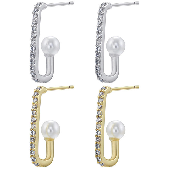 1 paire de clous d'oreilles en Zircon, incrustation géométrique en cuivre, perles artificielles à la mode