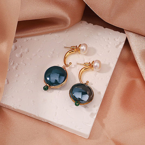 Boucles d'oreilles pendantes rétro, 1 paire, placage de couleur unie, incrustation de cuivre, pierres précieuses artificielles, plaqué or 18 carats