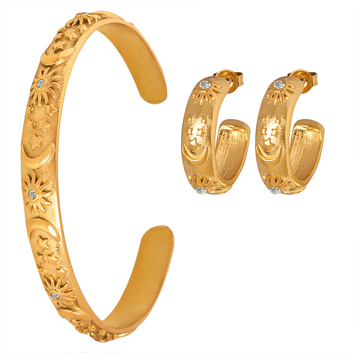 Elegante Sonnen-Stern-Mond-Armbänder mit Titan-Stahlbeschichtung, Inlay, Zirkon, 18 Karat vergoldet, Ohrringe