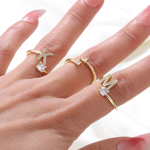 Anéis de cobre de zircão embutidos de chapeamento de anel aberto de cobre de letra de estilo simples