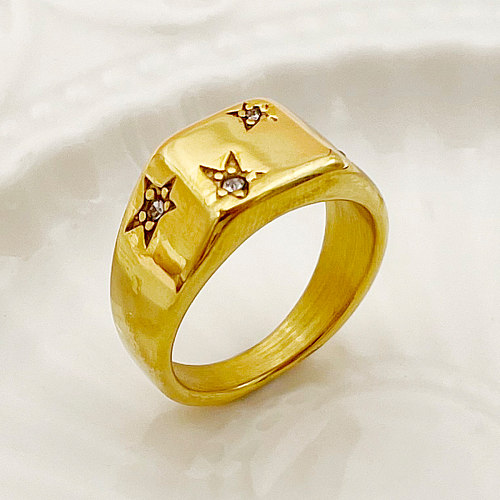 Estilo simples comute estrela chapeamento de aço inoxidável strass anéis banhados a ouro