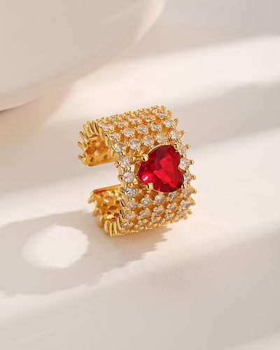 Estilo barroco estilo francês formato de coração revestimento de cobre incrustado zircão 18K anéis abertos banhados a ouro