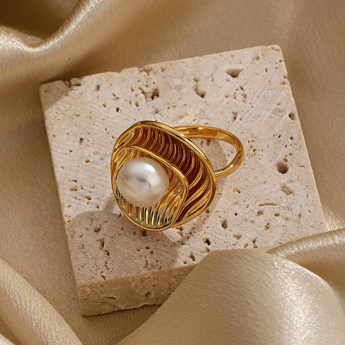 IG Style Solid Color Copper Shiny Metallic Plating Inlay Freshwater Pearl 18K Gold Plated Open Rings