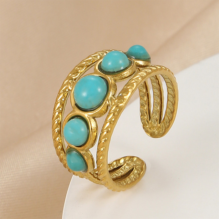 Elegant Shiny Star Moon Titanium Steel Plating Inlay Turquoise Gold Plated Open Rings