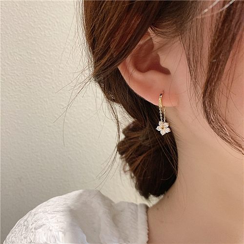 1 paire de boucles d'oreilles pendantes en cuivre et Zircon, Style Simple, incrustation de fleurs