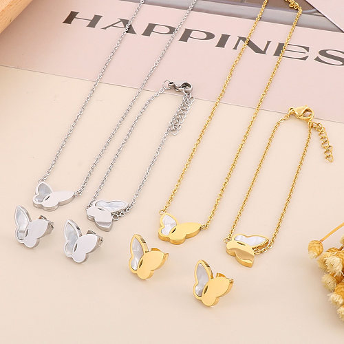Simple Style Shiny Butterfly Titanium Steel Plating Inlay Shell Bracelets Earrings Necklace