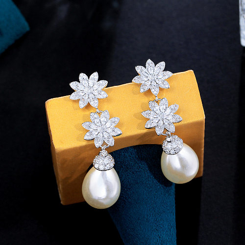 Boucles d'oreilles pendantes, 1 paire, incrustation de placage de flocon de neige doux, perles artificielles en cuivre, diamant artificiel plaqué argent
