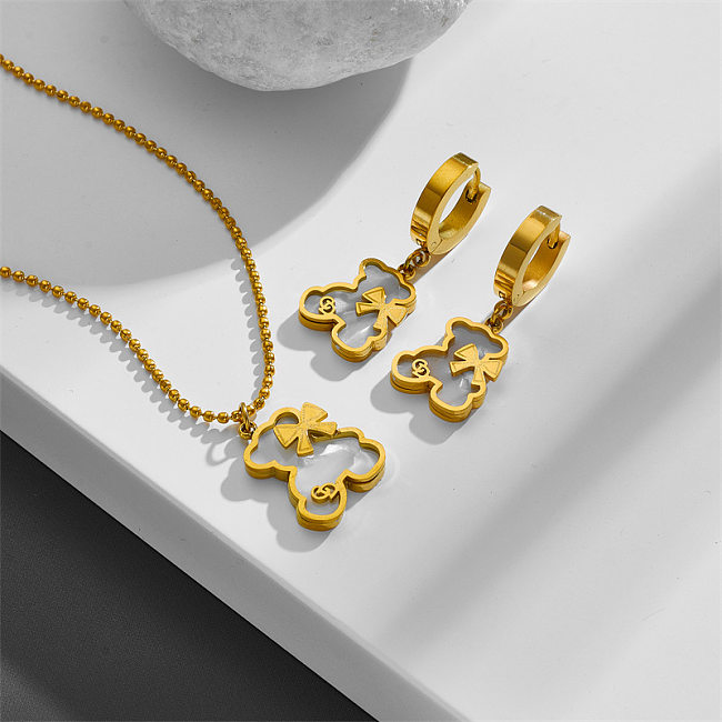 Sweet Bear Bow Knot Titanium Steel Inlay Shell Earrings Necklace