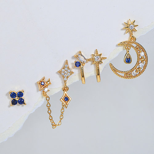 Fashion Star Moon Copper Inlay Zircon Earrings 1 Set