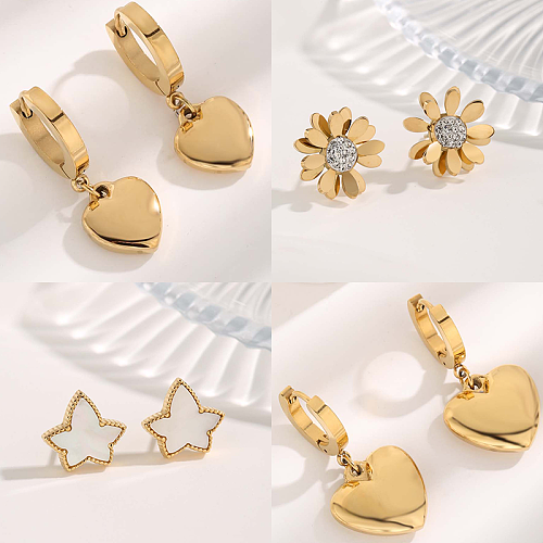 1 Pair Fairy Style Glam Cute Heart Shape Flower Plating Inlay Titanium Steel Copper Shell Zircon Gold Plated Ear Studs