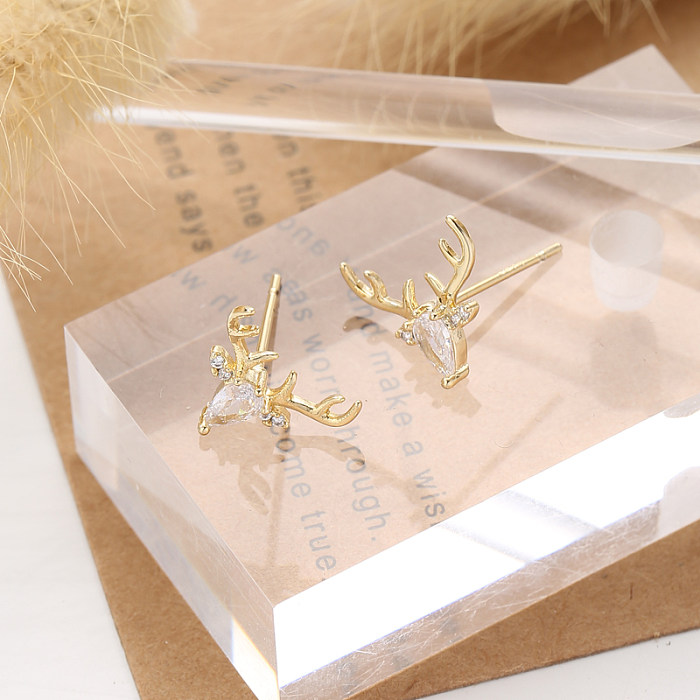 1 Piece Cute Simple Style Deer Inlay Copper Zircon Ear Studs