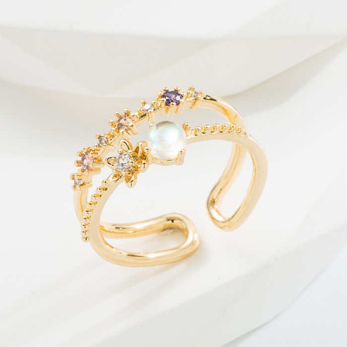 Elegant Heart Shape Flower Copper Enamel Artificial Pearls Zircon Open Ring 1 Piece