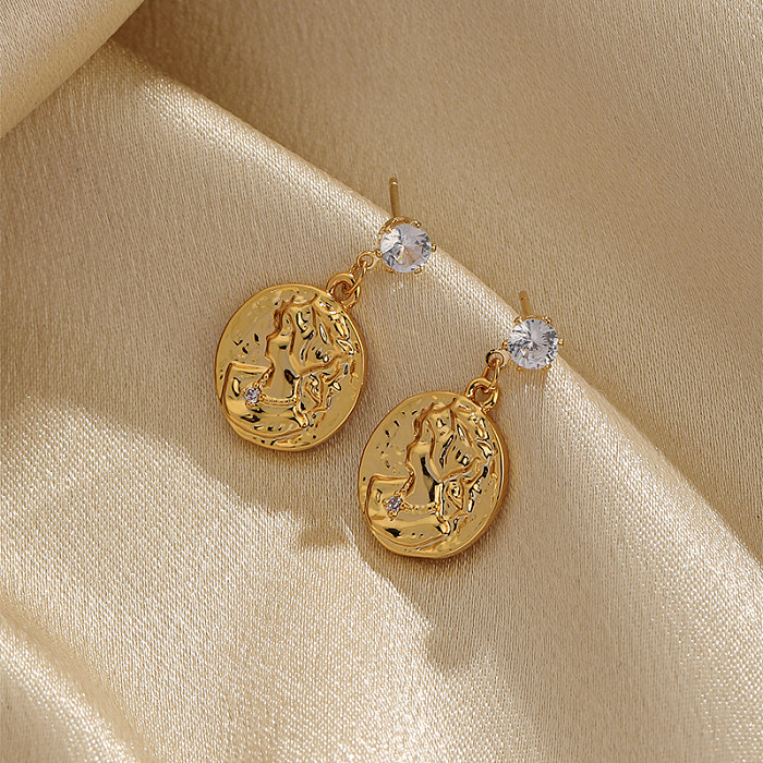 1 Pair Commute Human Round Plating Inlay Copper Zircon 18K Gold Plated Drop Earrings