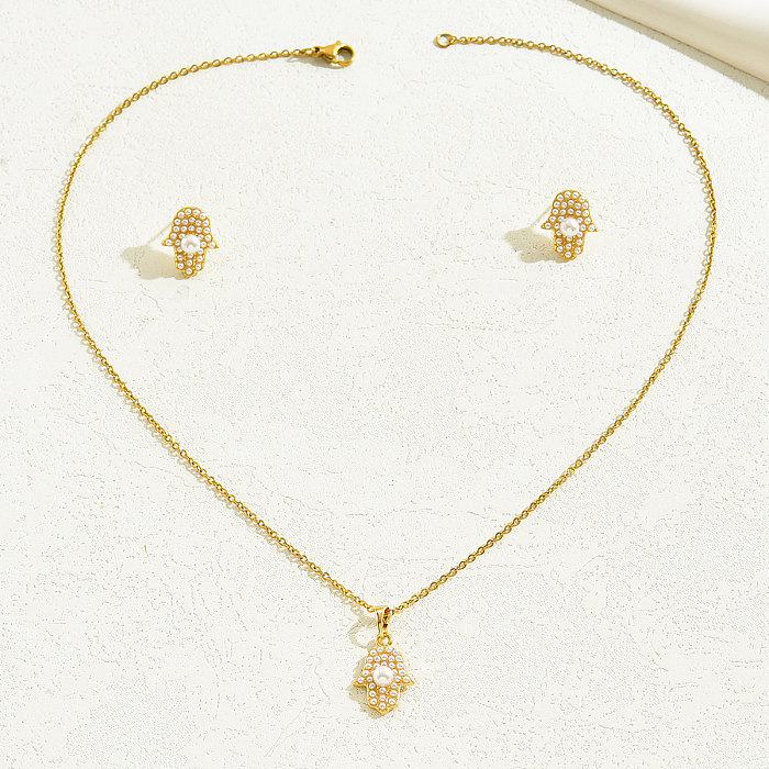 Elegante estilo simples palma de aço inoxidável chapeamento incrustação pérolas artificiais conjunto de joias banhadas a ouro