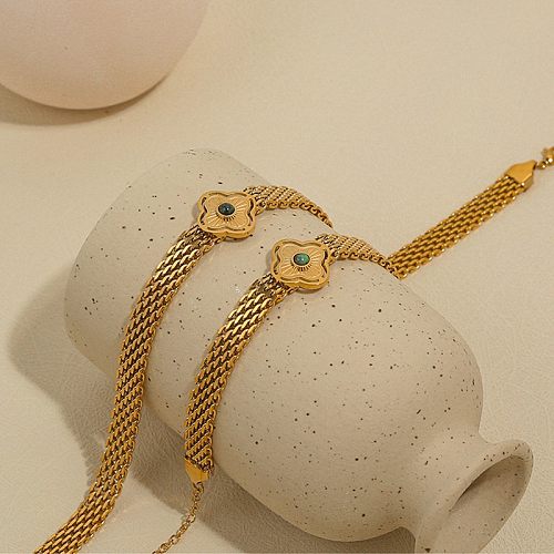 Schlichter Stil, Blumen-Armband-Halskette aus Edelstahl mit Titan-Stahlbeschichtung, 18 Karat vergoldet