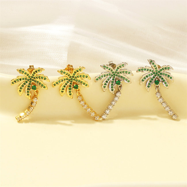1 Pair Retro Tropical Coconut Tree Plating Inlay Copper Zircon 18K Gold Plated Ear Studs