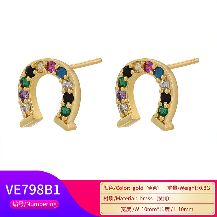 1 Pair Shiny Horseshoe Copper Plating Inlay Zircon 18K Gold Plated Ear Studs
