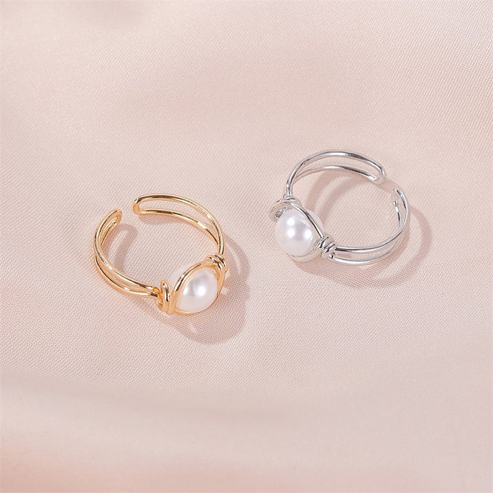 Anillos de cobre de perlas coreanas, anillo de perlas Simple y dulce, anillo anudado en la boca, anillo de dedo índice para mujer, joyería al por mayor