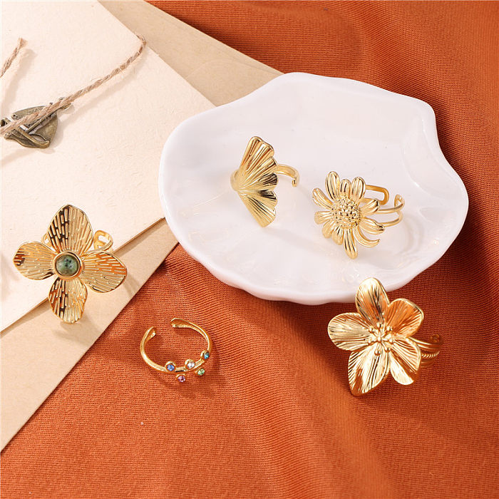 IG Style Sweet Flower Stainless Steel Gold Plated Artificial Gemstones Zircon Open Rings In Bulk
