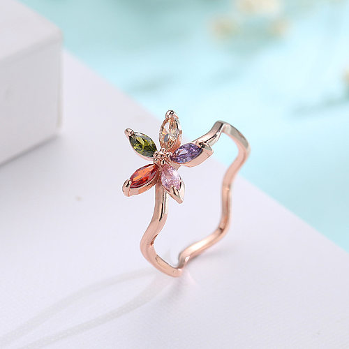 Simple Style Flower Copper Irregular Zircon Rose Gold Plated Wave Ring