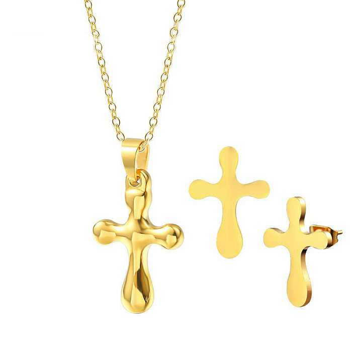 Fashion Cross Titanium Steel Polishing Gold Plated Earrings Necklace 1 Set