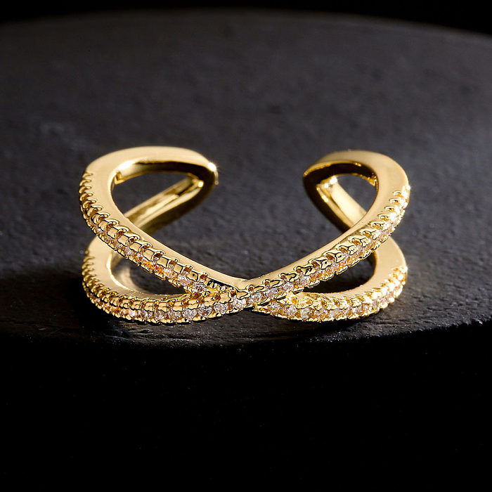 Fashion Copper 18K Gold Zircon Geometric Cross Hollow Open Ring