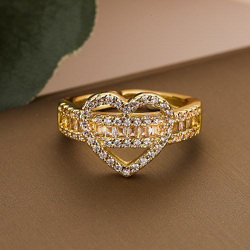 Simple Style Heart Shape Copper Plating Inlay Zircon 18K Gold Plated Open Rings