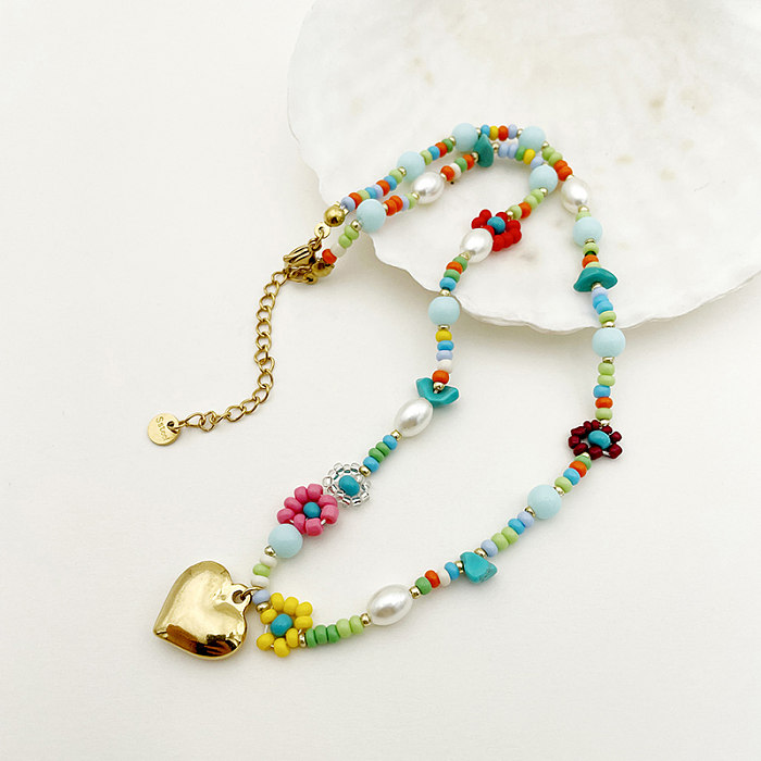 Vacation Sweet Heart Shape Flower Stainless Steel Beaded Pearl Plating Gold Plated Bracelets Necklace