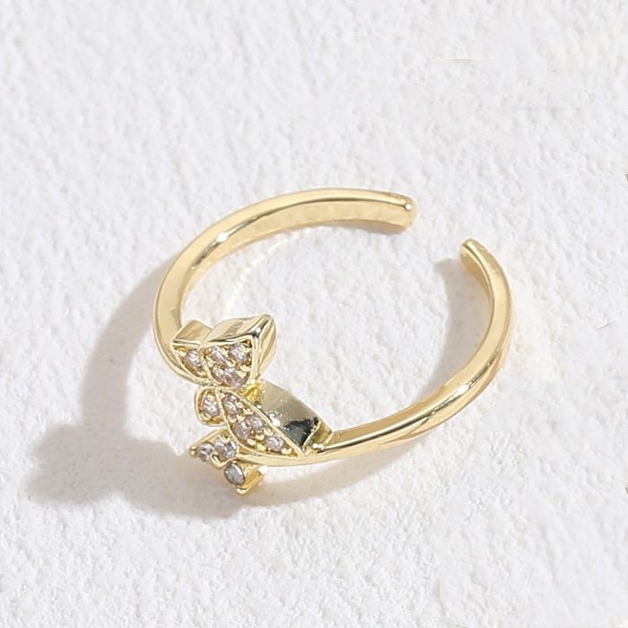 Elegant Leaf Butterfly Bow Knot Copper Inlay Zircon 14K Gold Plated Open Ring