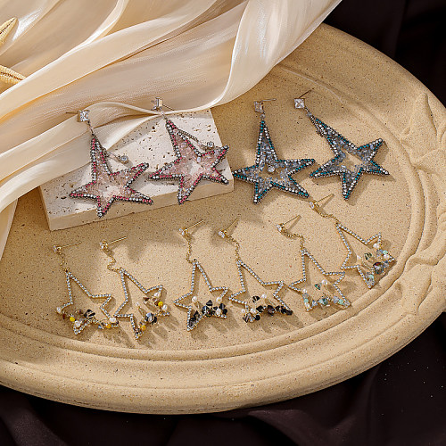 1 paire de boucles d'oreilles pentagramme élégantes de Style coréen, incrustation de cuivre et de Zircon