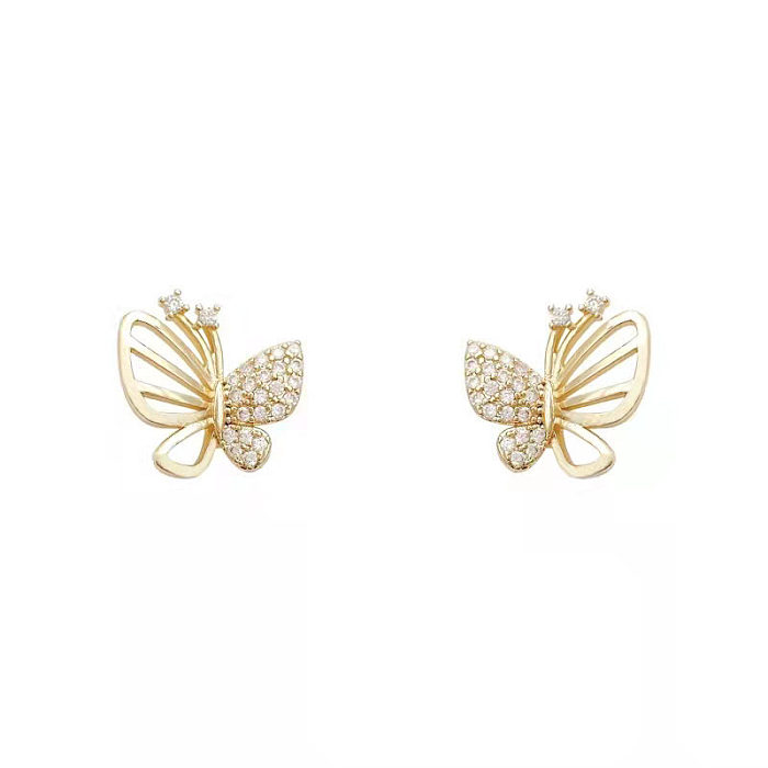 1 par de brincos de orelha de diamante artificial de cobre com incrustação de borboleta elegante