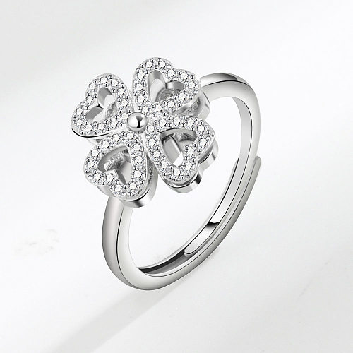 1 Piece Lady Four Leaf Clover Copper Plating Inlay Zircon Open Ring