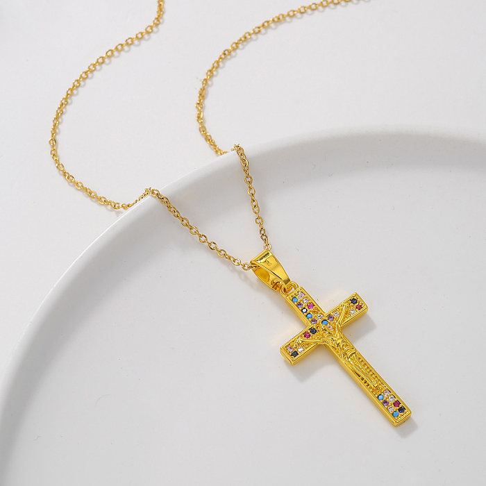 Streetwear Cross Copper Plating Inlay Zircon 18K Gold Plated Silver Plated Pendant Necklace