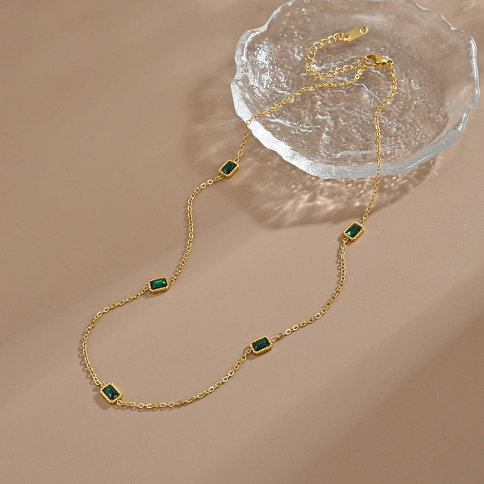 Estilo vintage estilo simples retângulo titânio chapeamento de aço incrustação zircão 18K banhado a ouro pulseiras colar
