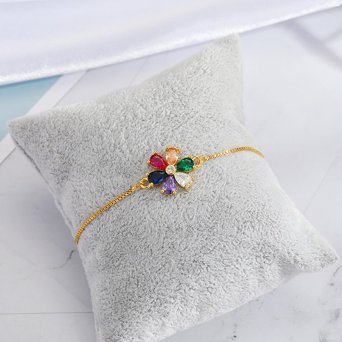 Fashion Colorful Zircon Eye Religious Simple Flower Cross Adjustable Copper Bracelet