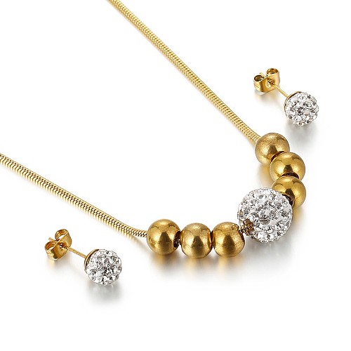 Korean Temperament Rhinestone Small Round Bead Necklace Earring Set Stainless Steel Steel Ball Jewelry
