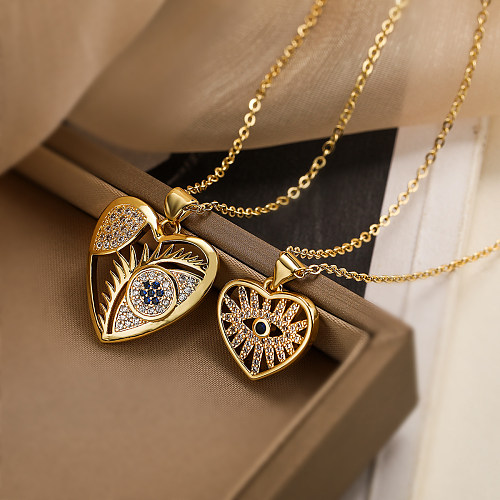 Style moderne style coréen géométrique oeil du diable en forme de coeur placage de cuivre creux incrustation zircon plaqué or 18 carats collier pendentif