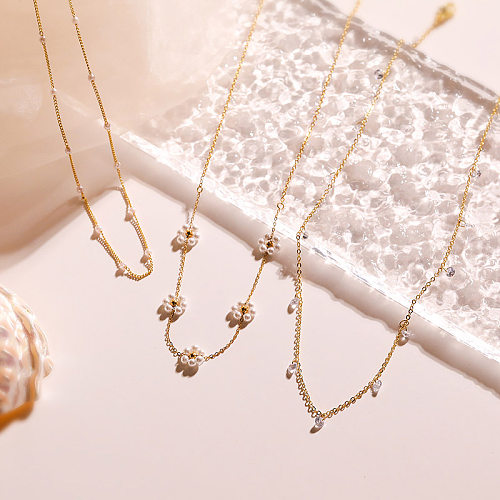 Elegante süße runde Blütenblatt-Kupfer-Patchwork-Beschichtung mit Inlay, künstlichen Perlen, Zirkon, 18 Karat vergoldet, Anhänger-Halskette