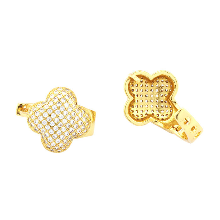 1 Pair Simple Style Four Leaf Clover Plating Inlay Copper Zircon 18K Gold Plated Earrings