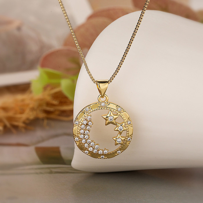Simple Style Commute Star Copper Plating Hollow Out Inlay Zircon 18K Gold Plated Pendant Necklace