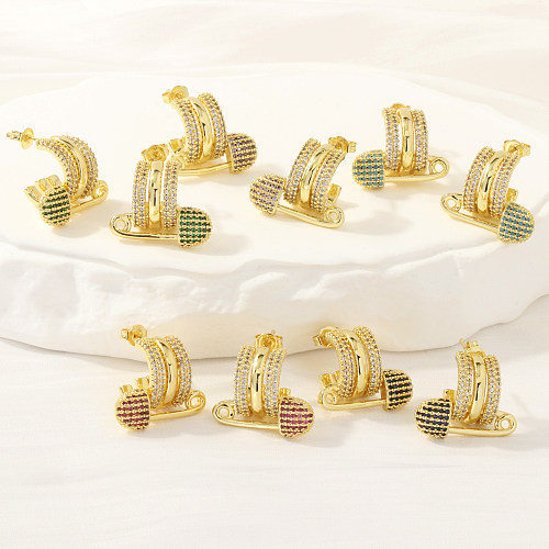 1 paire de boucles d'oreilles en forme de trombone, Style rétro Simple, incrustation de cuivre et de Zircon plaqué or 18 carats