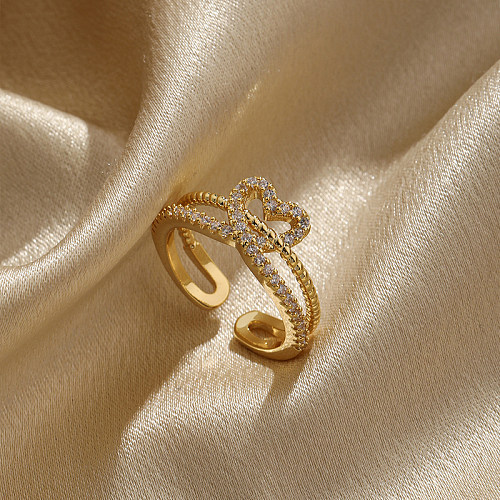 Elegant Lady Heart Shape Crown Copper Inlay Zircon Open Rings