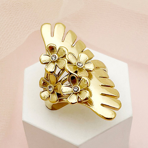 Luxuosa flor feminina com revestimento de aço inoxidável e zircão anéis banhados a ouro