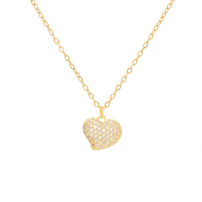Simple Style Heart Shape Copper Plating Inlay Rhinestones Gold Plated Necklace