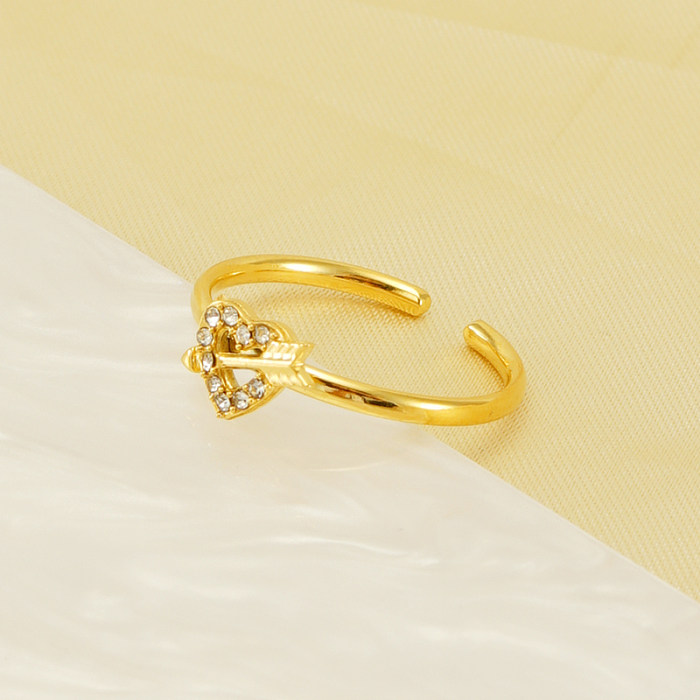 Simple Style Heart Shape Stainless Steel Plating Inlay Rhinestones 18K Gold Plated Open Rings