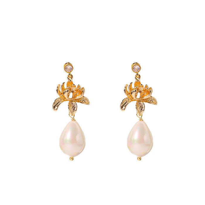 1 Pair Retro Geometric Imitation Pearl Copper Drop Earrings