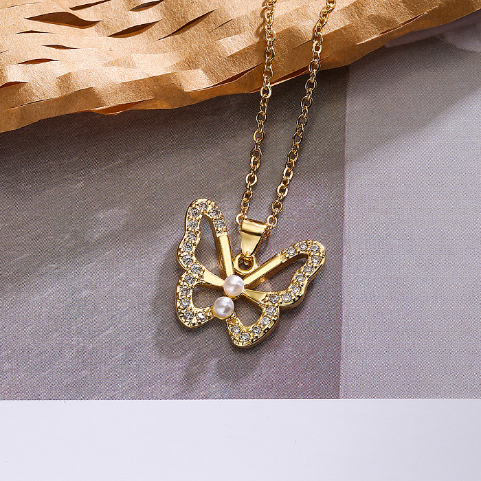 Simple Style Commute Pentagram Butterfly Copper Plating Inlay Artificial Pearls Zircon 18K Gold Plated Pendant Necklace