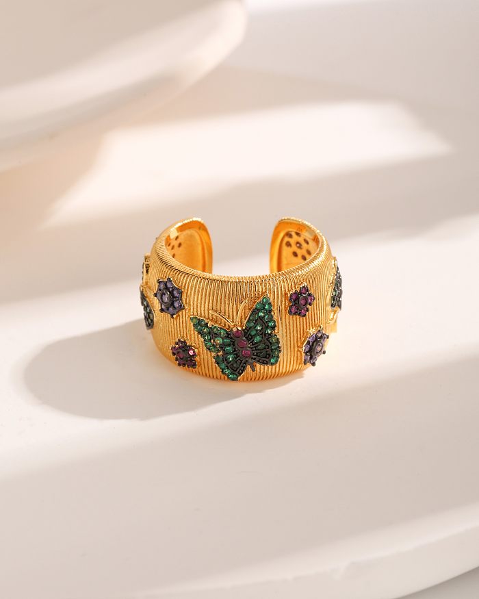 Vintage-Stil, französischer Stil, Blume, Schmetterling, Kupferbeschichtung, Inlay, Zirkon, 18 Karat vergoldet, offene Ringe
