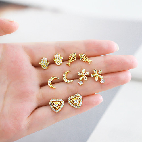 1 par de pinos de orelha banhados a ouro 18K, estilo simples, forma de coração, osso de peixe, caranguejo, incrustação de cobre, zircão